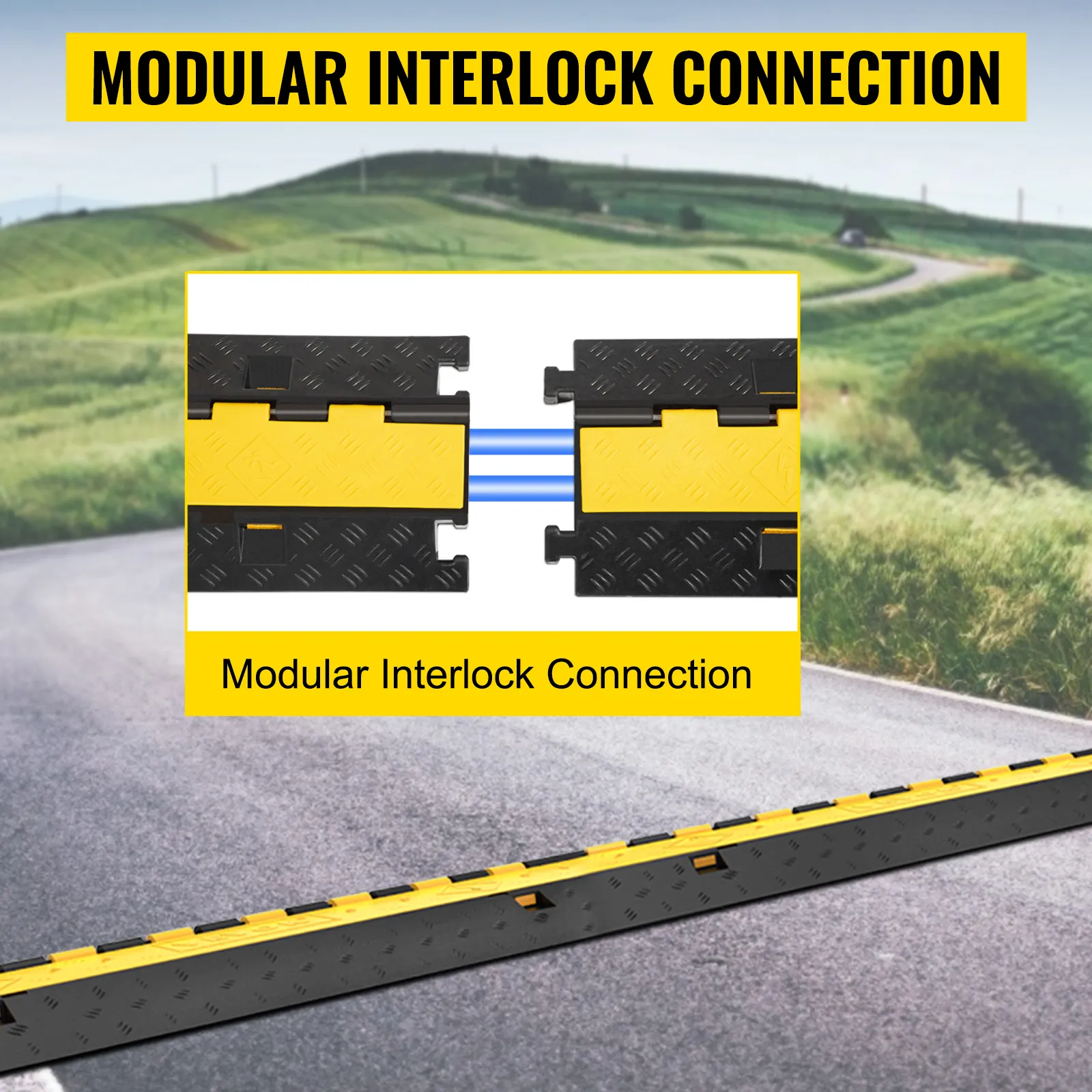 Rampa protectora de cable VEVOR que muestra la conexión de enclavamiento modular en una carretera.