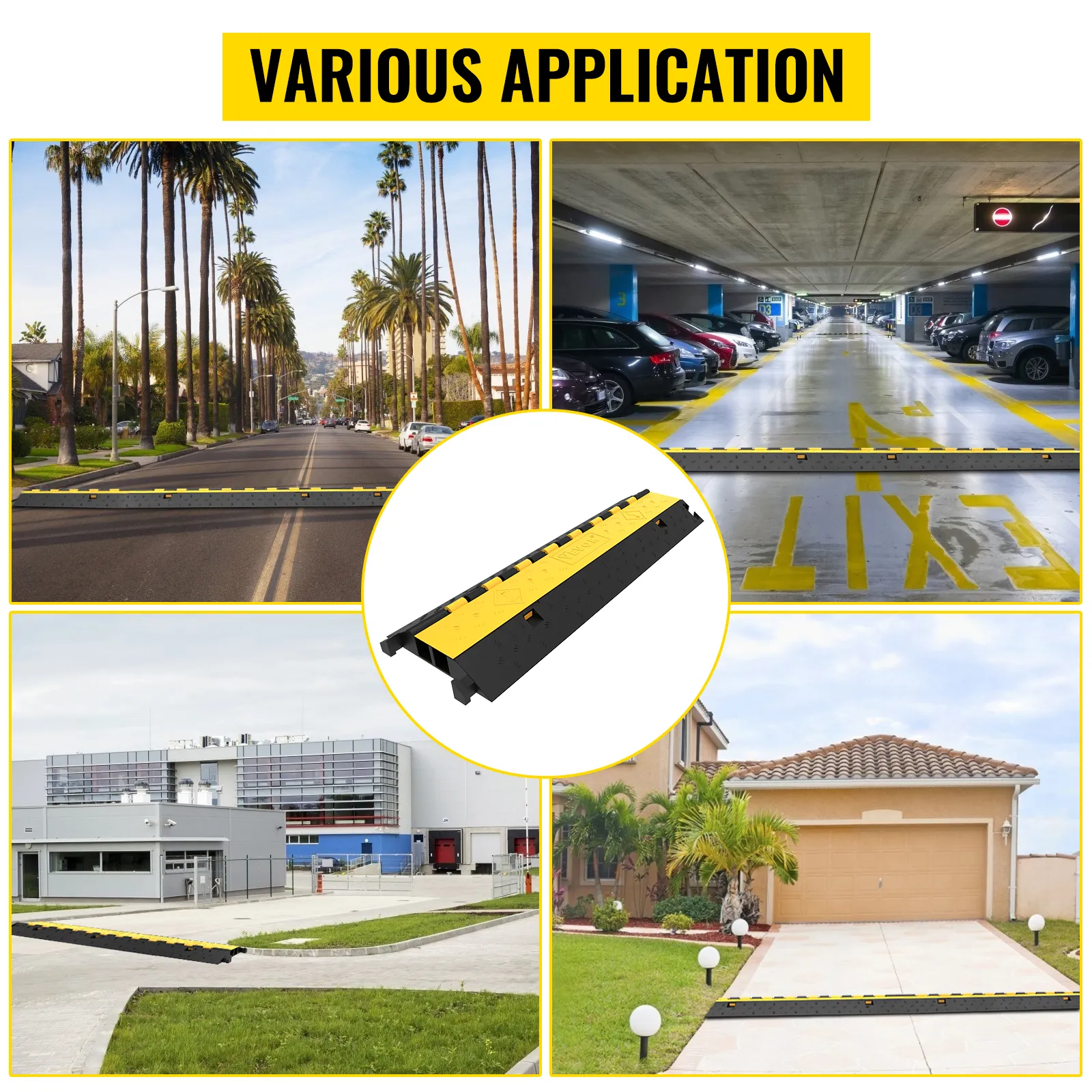 Rampa protectora de cables VEVOR que se muestra en calles, estacionamientos, entradas para vehículos y áreas industriales.