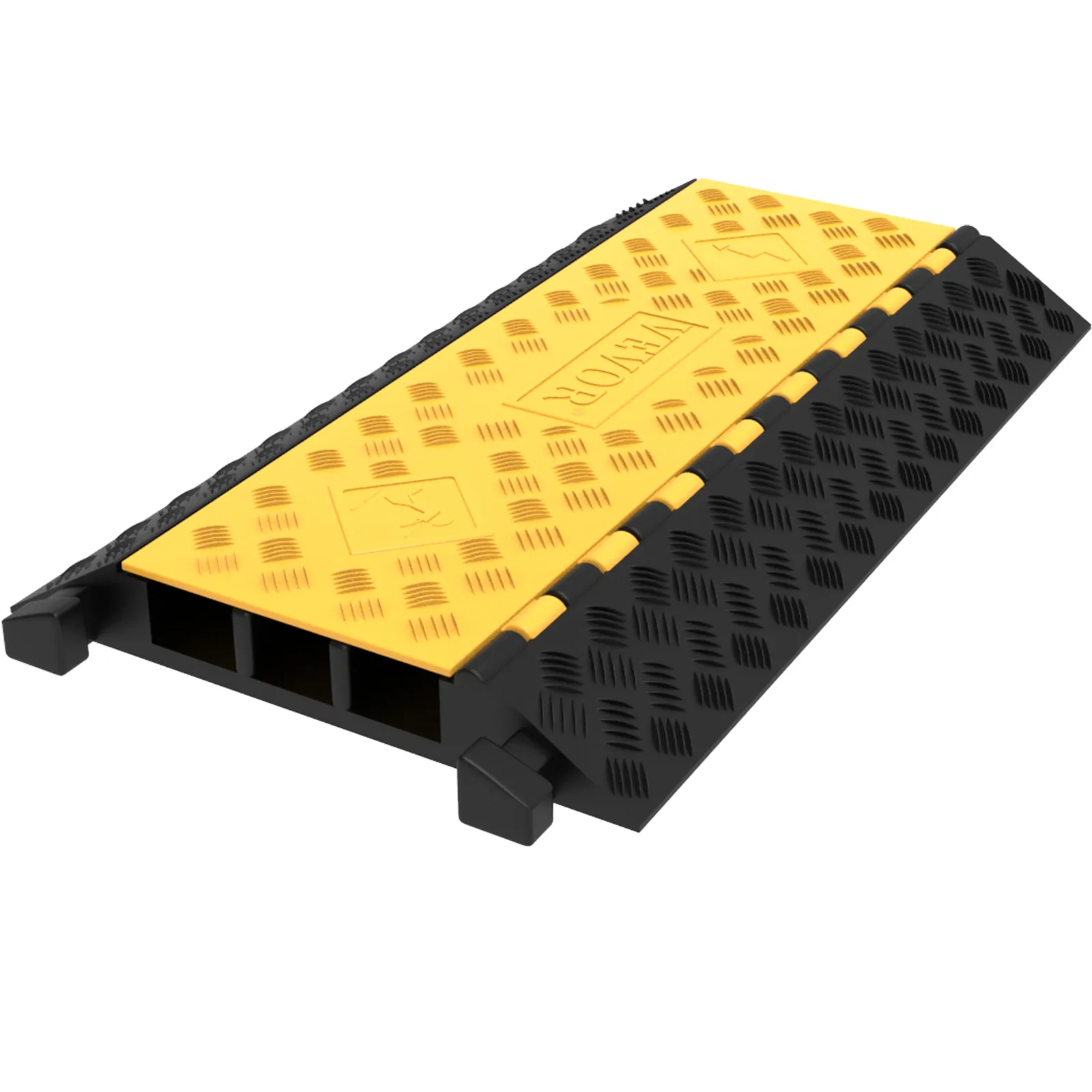 Rampas protectoras de cables VEVOR de color amarillo y negro con superficie texturizada y múltiples canales.