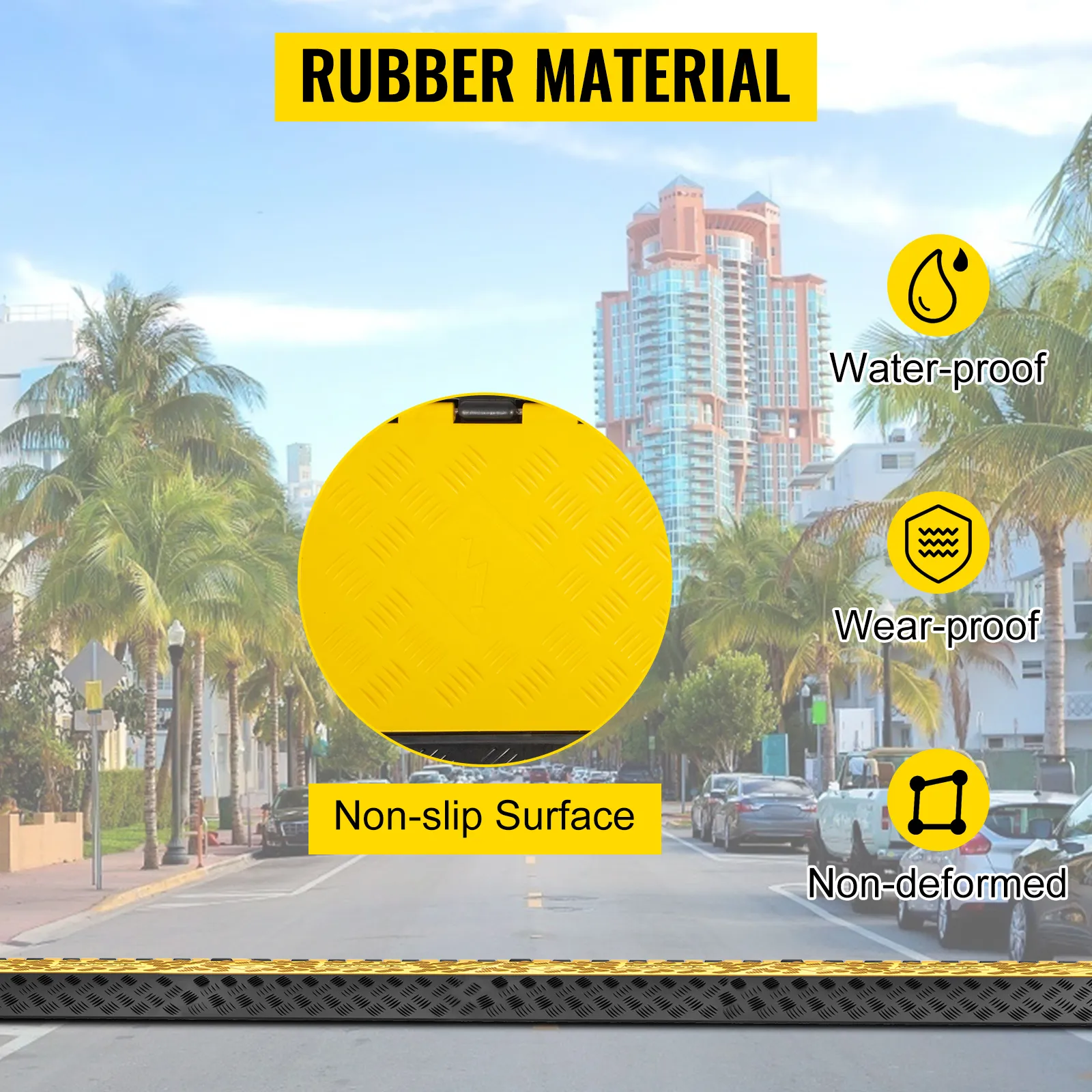VEVOR cable protector ramps, rubber material, waterproof, wear-proof, non-slip surface.