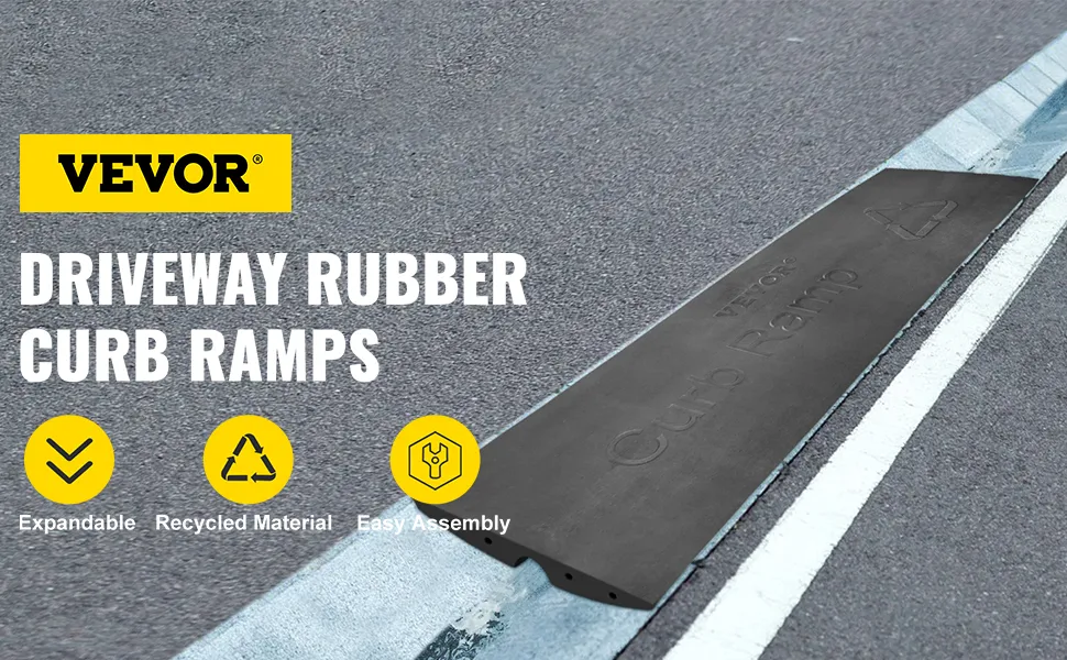 VEVOR curb ramp on roadway, showcasing expandability, recycled material, and easy assembly.