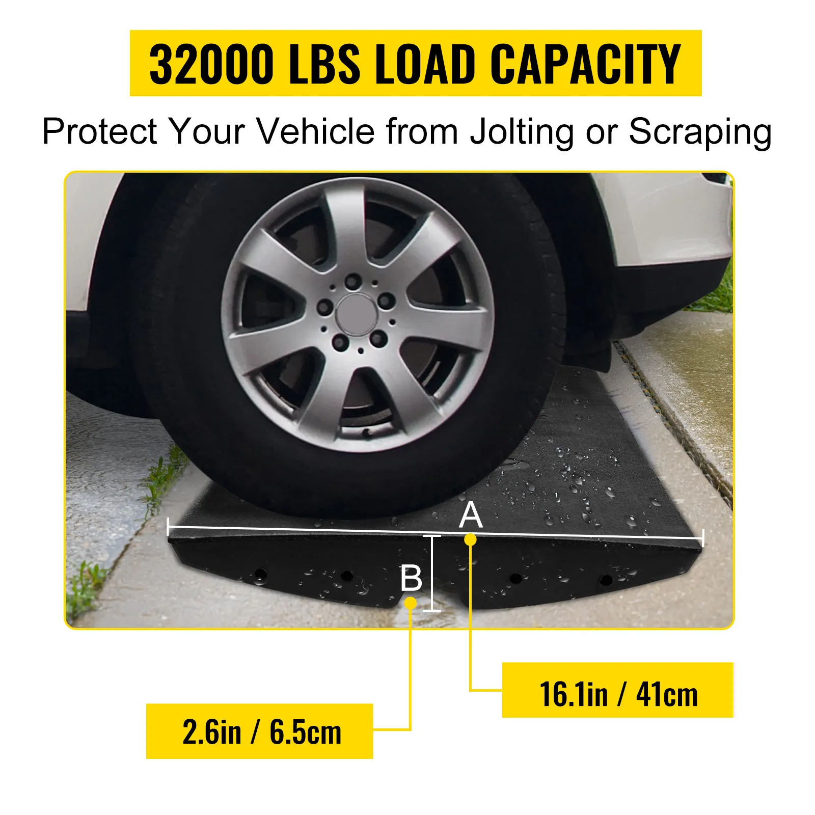 VEVOR curb ramp holds 32000 lbs, protects vehicles from jolting and scraping.