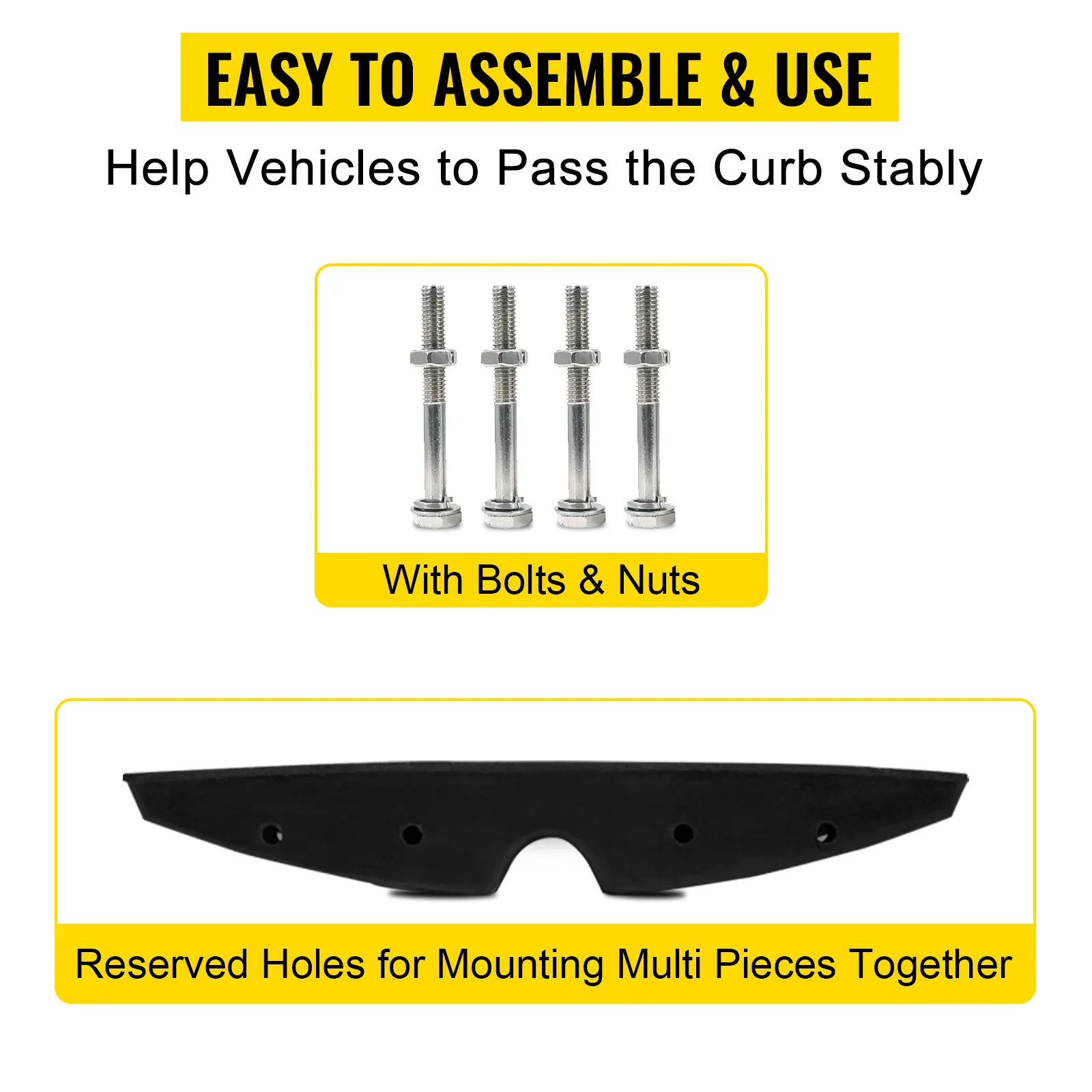 VEVOR curb ramp with bolts and nuts, featuring reserved holes for easy assembly.