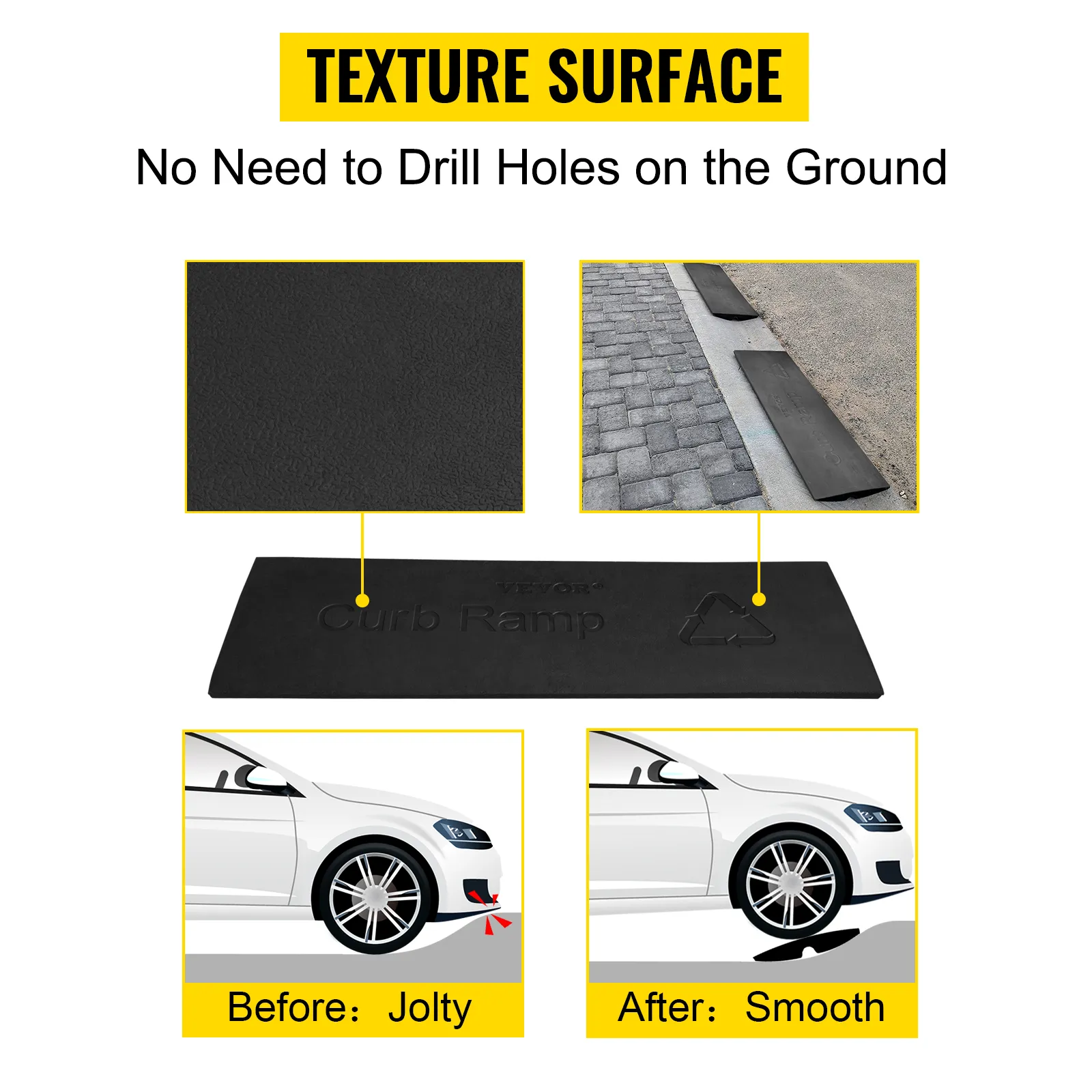 texture surface, no-drill VEVOR curb ramp with smooth transition for vehicles