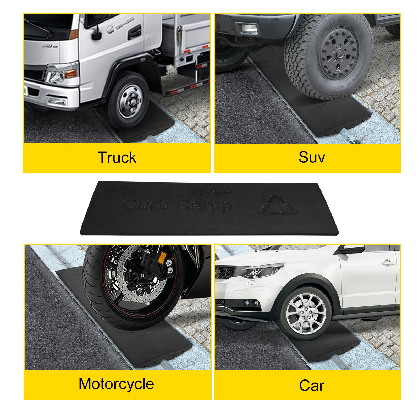 VEVOR curb ramp used by truck, suv, motorcycle, and car on cobblestone surface