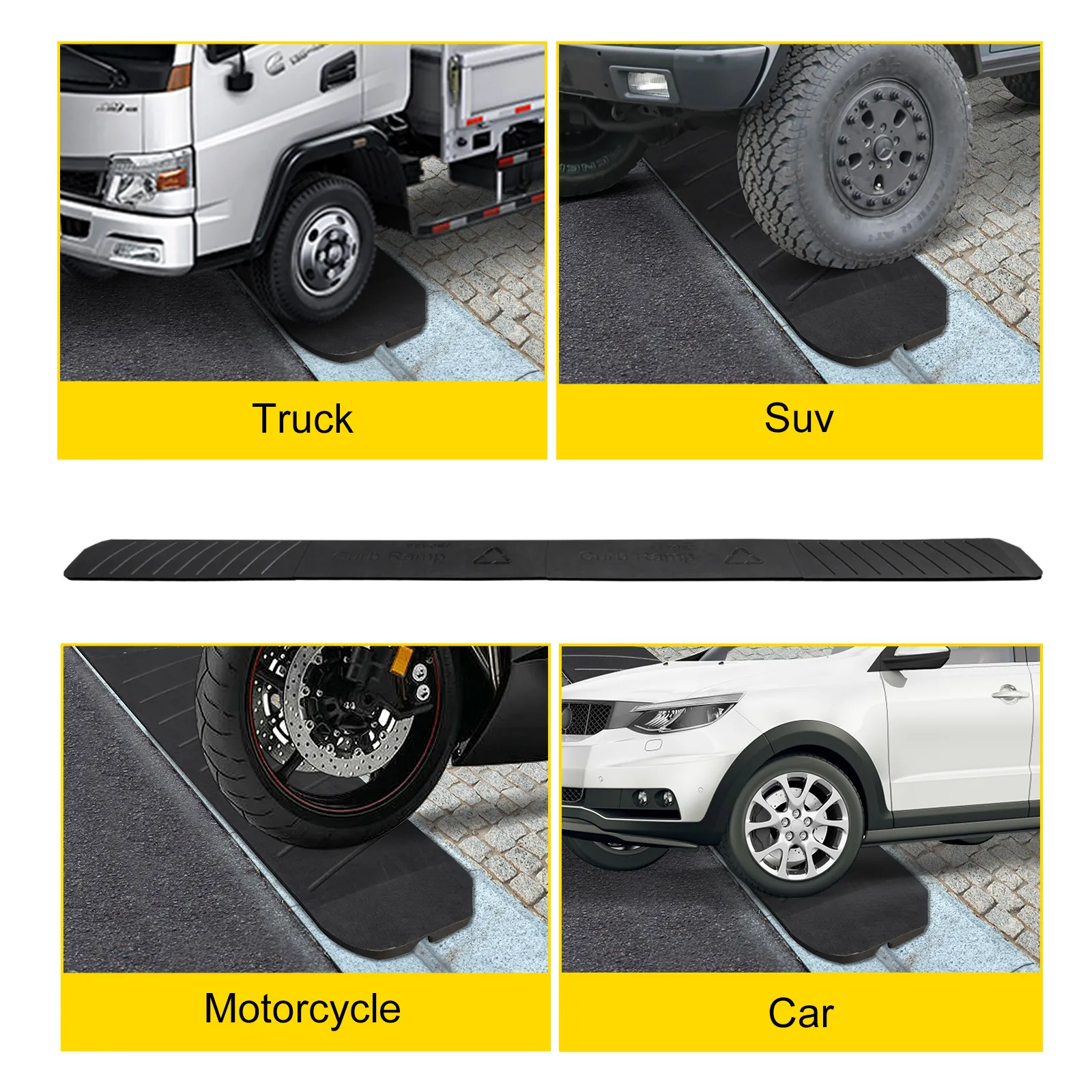 Camión, SUV, motocicleta y automóvil que utilizan la rampa de acera VEVOR para transiciones más suaves.