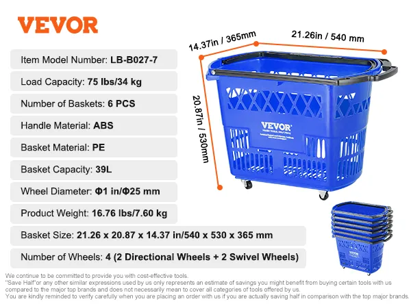 Carrito de compra con ruedas VEVOR con capacidad de carga de 34 kg, cesta de 39 l, 6 cestas de ABS y PE de color azul.