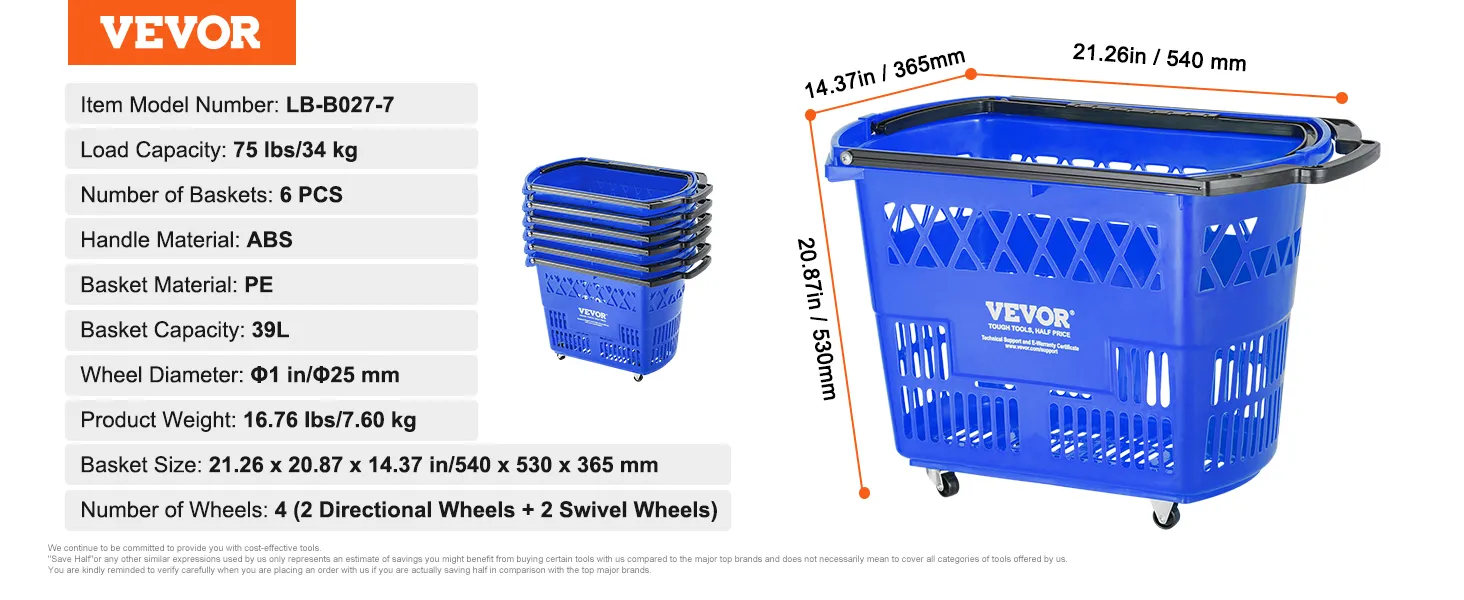 Carrito de compra con ruedas VEVOR con capacidad de carga de 34 kg, cesta de 39 l, 6 cestas de ABS y PE de color azul.