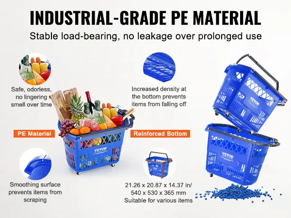 Carrito de compras con ruedas VEVOR, de grado industrial, de polietileno con fondo reforzado, con capacidad para guardar comestibles.