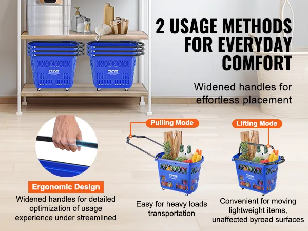 Carrito de compras con ruedas VEVOR con asas ensanchadas para modos de tracción y elevación. Diseño ergonómico.