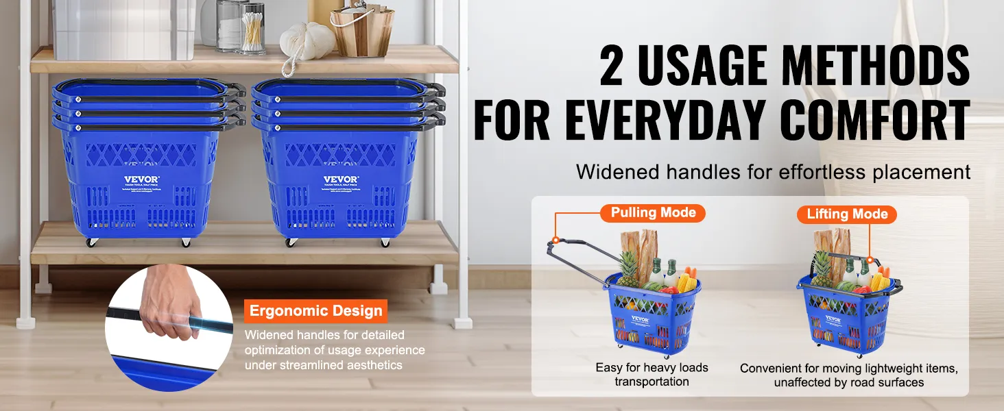 Carrito de compras con ruedas VEVOR con asas ensanchadas para modos de tracción y elevación. Diseño ergonómico.