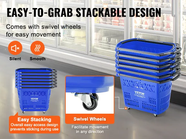 Carrito de compra con ruedas VEVOR, diseño apilable con ruedas giratorias para facilitar el movimiento en los pasillos de la tienda.
