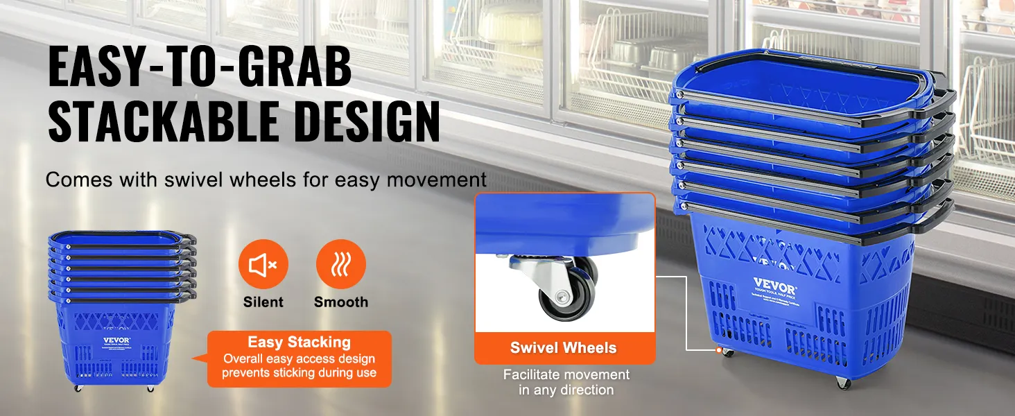 Carrito de compra con ruedas VEVOR, diseño apilable con ruedas giratorias para facilitar el movimiento en los pasillos de la tienda.