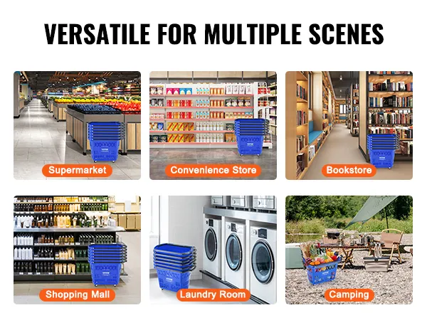 Carrito de compras con ruedas VEVOR se muestra en supermercados, tiendas de conveniencia, librerías, centros comerciales, lavanderías y campamentos.