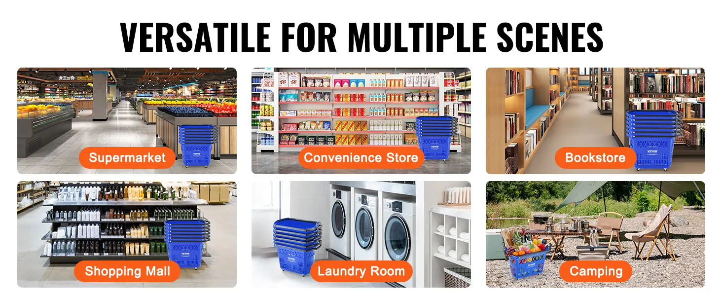 Carrito de compras con ruedas VEVOR se muestra en supermercados, tiendas de conveniencia, librerías, centros comerciales, lavanderías y campamentos.