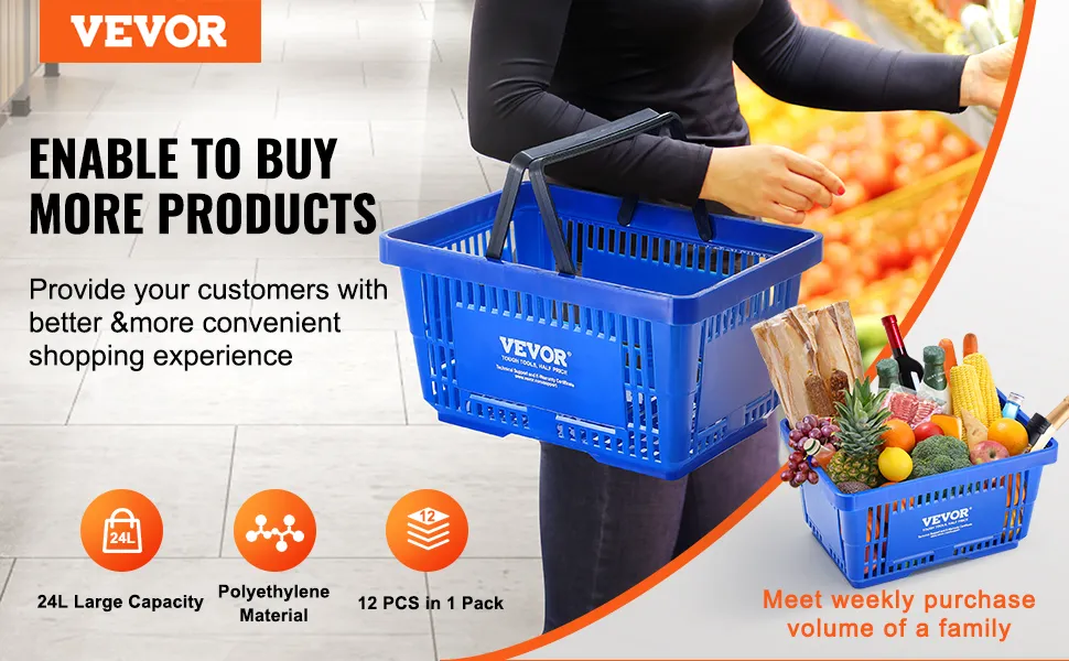 VEVOR shopping basket in use at a grocery store, highlighting 24l capacity and convenience for family purchases.