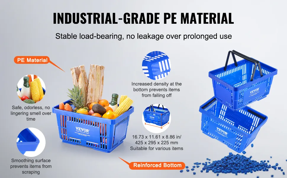 VEVOR shopping basket made of industrial-grade pe material, reinforced bottom, and odorless, smoothing surface.