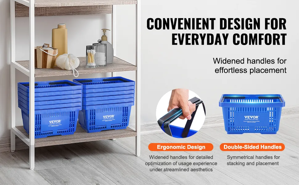 blue VEVOR shopping basket with ergonomic handles on a wooden shelf displaying convenient design features.