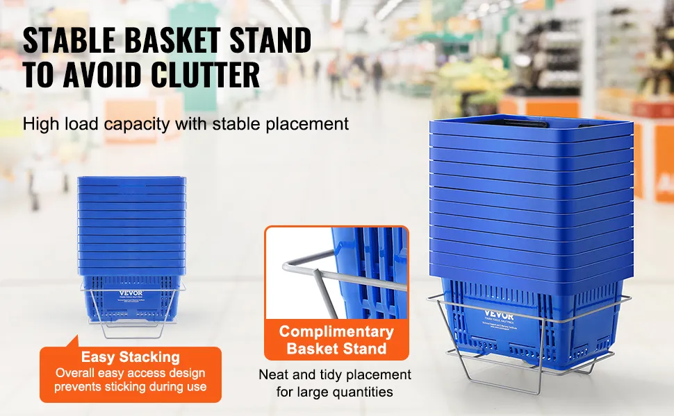 VEVOR shopping basket stand showcasing easy stacking and high load capacity in a retail environment.
