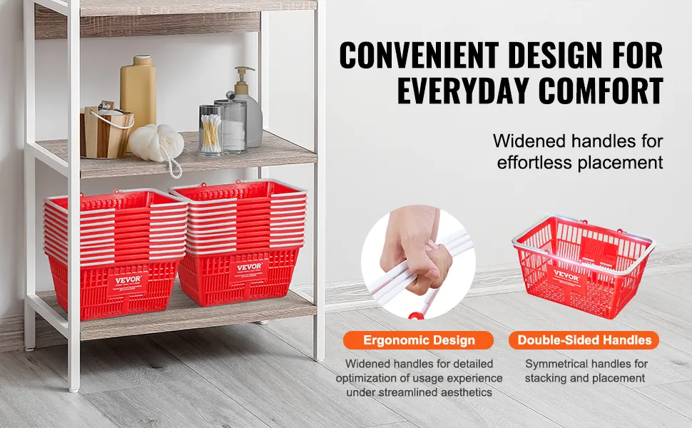 red VEVOR shopping baskets with double-sided handles on a shelving unit, showcasing ergonomic design.