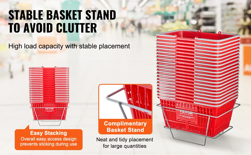 VEVOR shopping basket stand with red baskets neatly stacked, showcasing high load capacity and easy stacking.