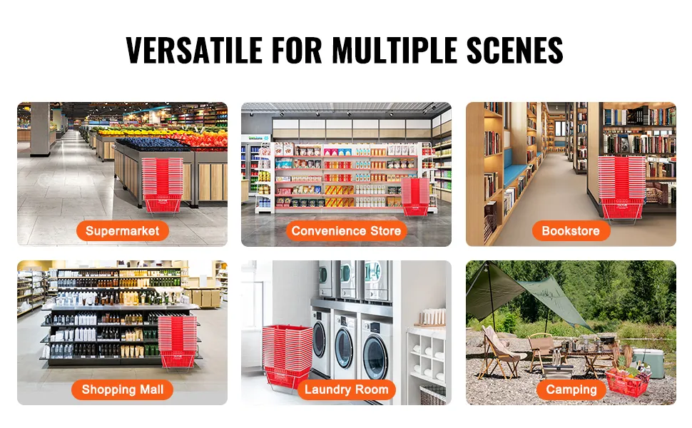 VEVOR shopping basket in supermarket, convenience store, bookstore, mall, laundry room, and camping.