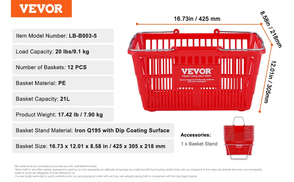 red VEVOR shopping basket with 20 lbs capacity, dimensions, and product details displayed.