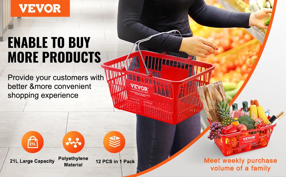 VEVOR shopping basket in grocery store, highlighting 21l capacity, polyethylene material, and 12-pack.