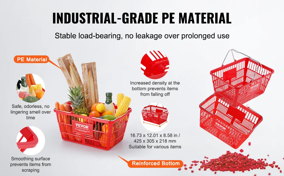 VEVOR shopping basket made from industrial-grade pe material, load-bearing, reinforced bottom, with groceries.