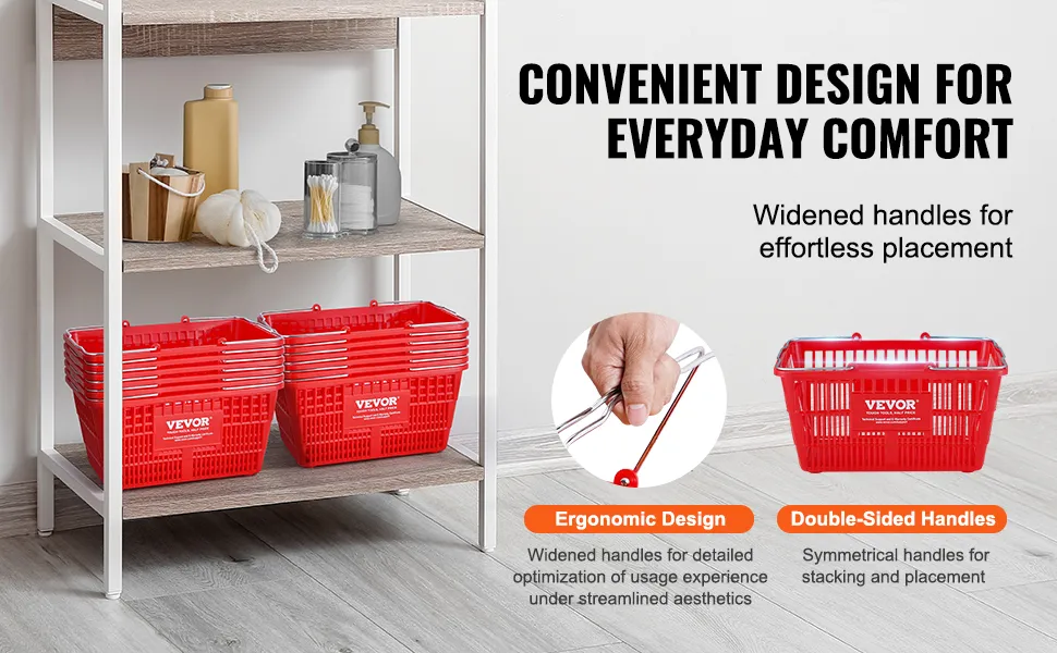red VEVOR shopping basket with widened handles on a shelf; optimized for ergonomic comfort.