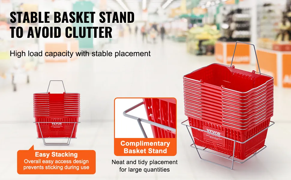 VEVOR shopping basket with stand for easy stacking and high load capacity in a supermarket aisle.