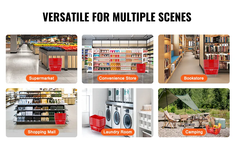 VEVOR shopping basket in various settings: supermarket, convenience store, bookstore, shopping mall, laundry room, camping.