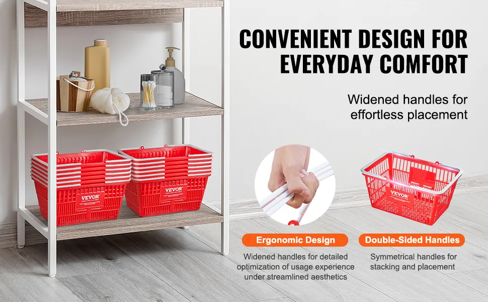 red VEVOR grocery basket with ergonomic and double-sided handles on wooden shelves, promoting convenience.