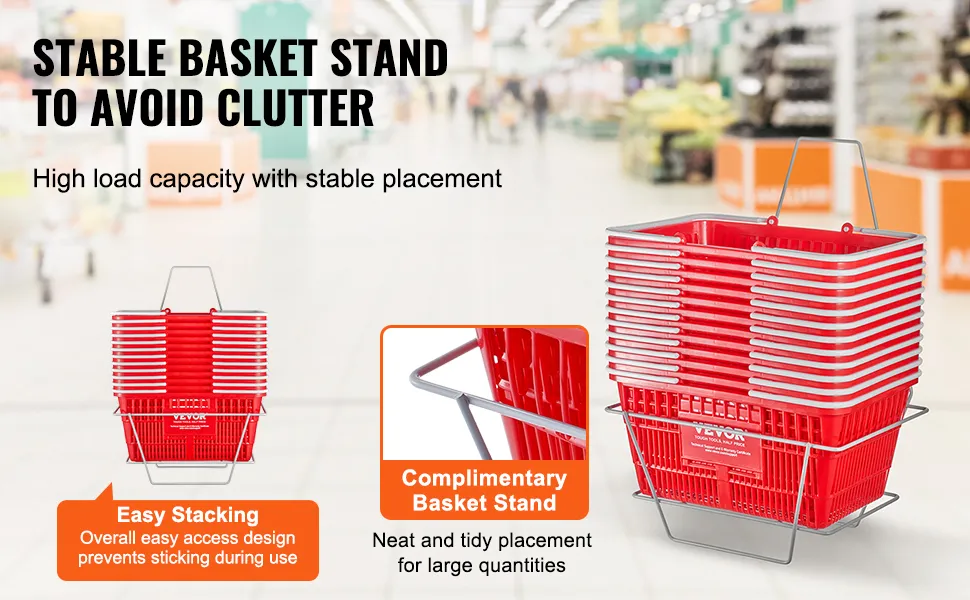 VEVOR grocery basket stand for stable and clutter-free storage, easy stacking, and high load capacity.