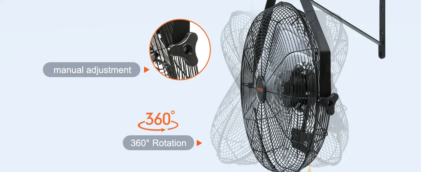 VEVOR wall mount fan with manual adjustment and 360° rotation for versatile cooling solutions.