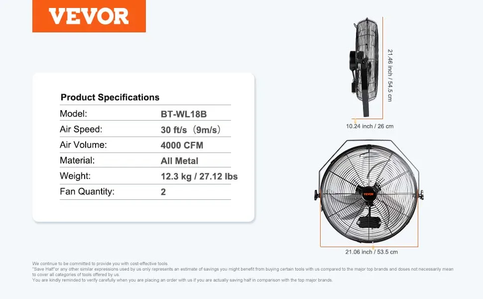 Especificaciones del ventilador de montaje en pared VEVOR: modelo bt-wl18b, velocidad de aire de 30 pies/s, 4000 cfm, totalmente de metal, 27,12 libras.