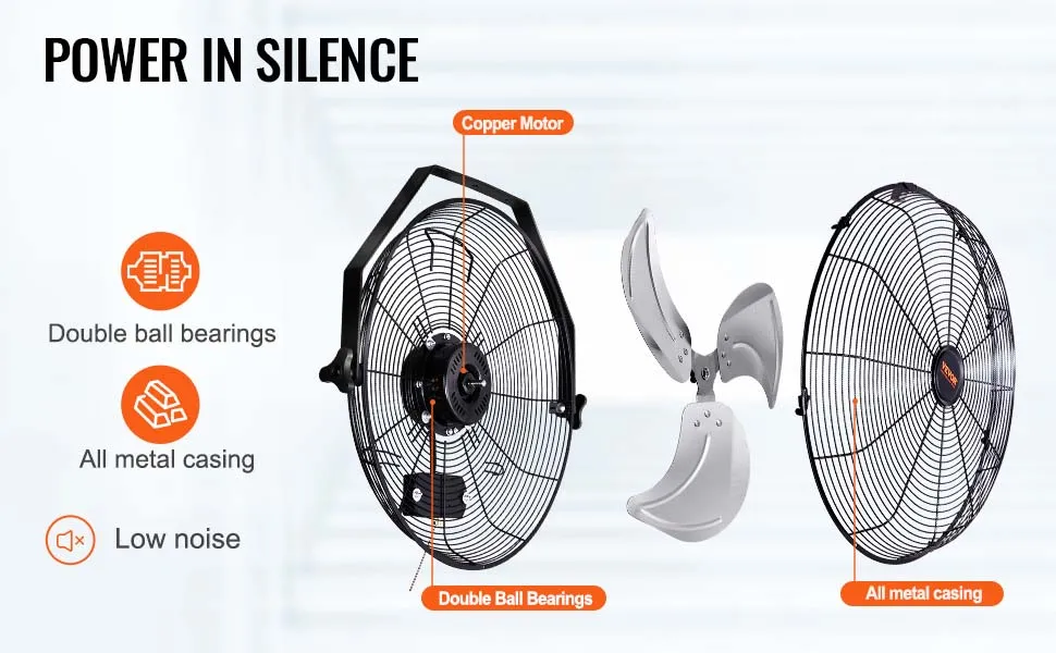 Ventilador de pared VEVOR con motor de cobre, rodamientos de bolas dobles, carcasa totalmente metálica y bajo nivel de ruido.