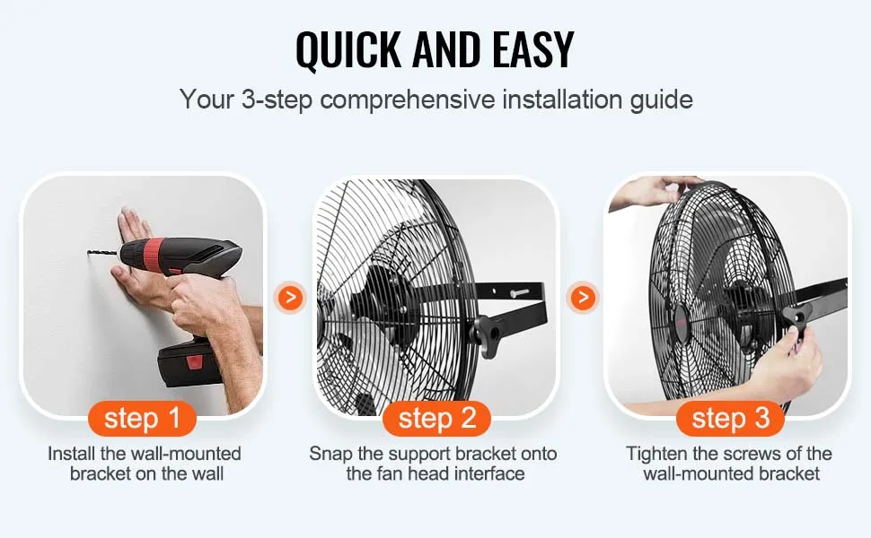 Guía de instalación rápida y sencilla para ventilador de montaje en pared VEVOR con tres pasos: taladrar, encajar y apretar.