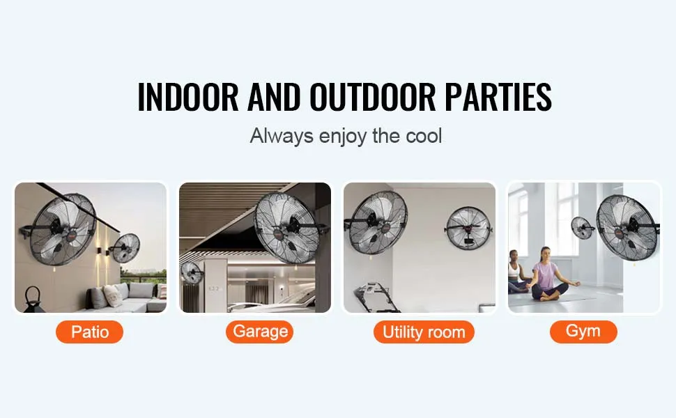 Ventilador de pared VEVOR para patio, garaje, lavadero y gimnasio; ideal para fiestas en interiores y exteriores.