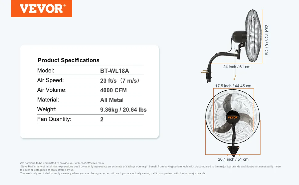 Ventilador de pared VEVOR bt-wl18a, velocidad de 23 pies/s, 4000 cfm, totalmente metálico, 9,36 kg, 2 ventiladores, dimensiones resaltadas.