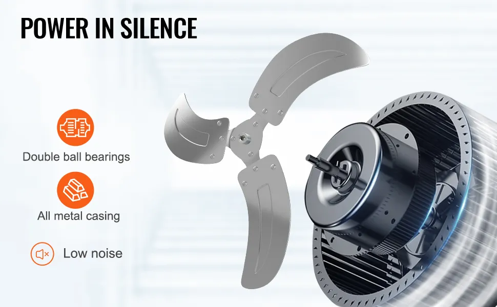 El ventilador de montaje en pared VEVOR cuenta con cojinetes de bolas dobles, carcasa totalmente metálica y funcionamiento silencioso.