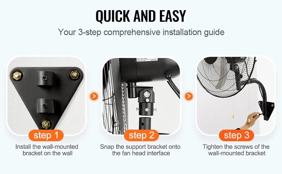 Guía rápida y sencilla de 3 pasos para instalar el ventilador de montaje en pared VEVOR; montar el soporte, encajar el ventilador, apretar los tornillos.