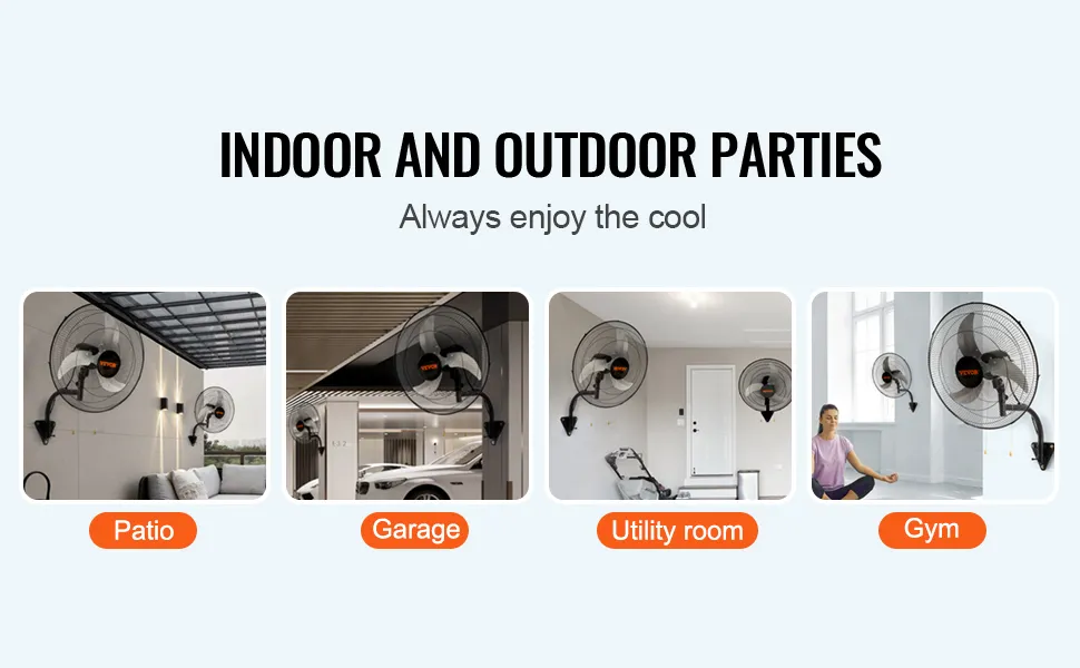 Ventilador de montaje en pared VEVOR para enfriar en patio, garaje, lavadero y gimnasio. Perfecto para uso en interiores y exteriores.