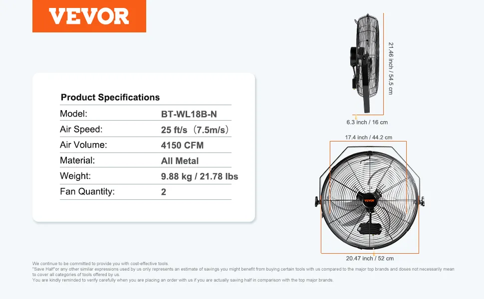Ventilador de pared VEVOR, 25 pies/s, 4150 cfm, totalmente metálico, 9,88 kg, 2 ventiladores, modelo bt-wl18b-n.