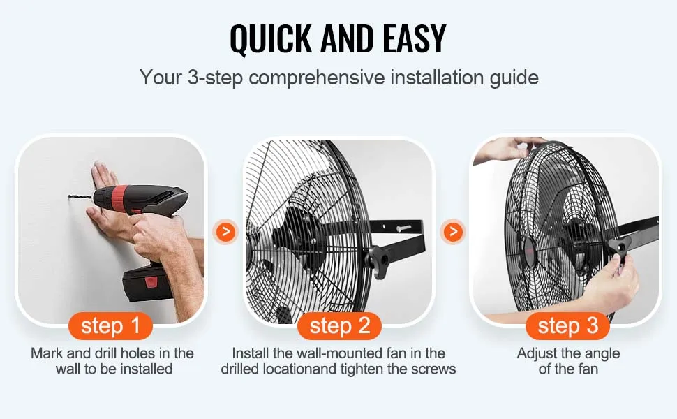 Guía rápida y sencilla de 3 pasos para instalar un ventilador de pared VEVOR en un soporte de pared.