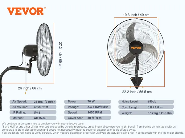 VEVOR wall mount fan with detailed dimensions and specifications including cfm, rpm, and voltage.