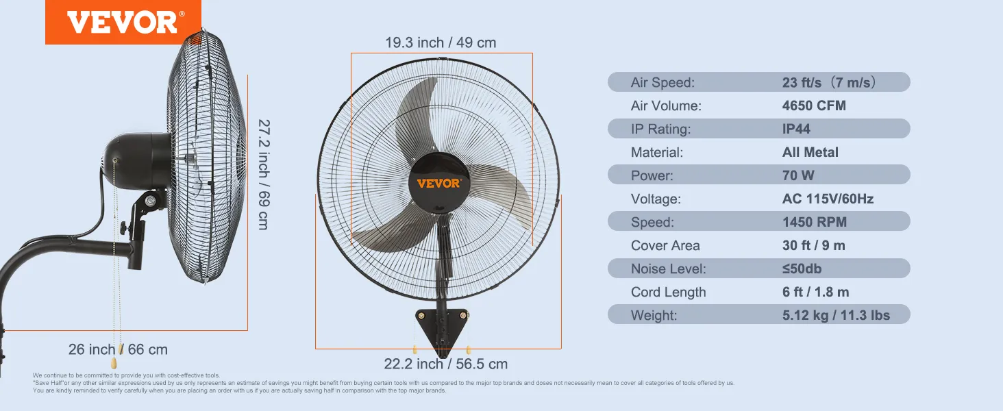 VEVOR wall mount fan with detailed dimensions and specifications including cfm, rpm, and voltage.