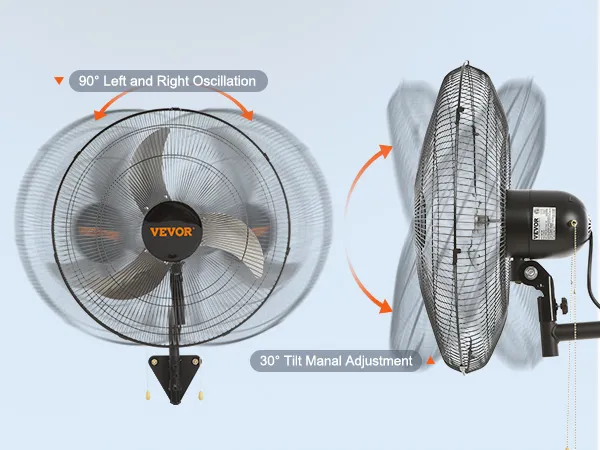 VEVOR wall mount fan with 90° oscillation and 30° tilt adjustment for optimal airflow control.