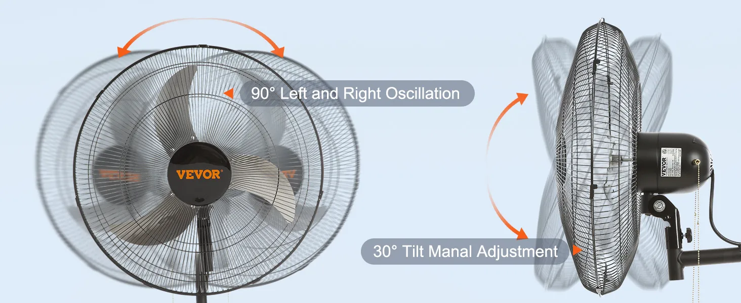 VEVOR wall mount fan with 90° oscillation and 30° tilt adjustment for optimal airflow control.
