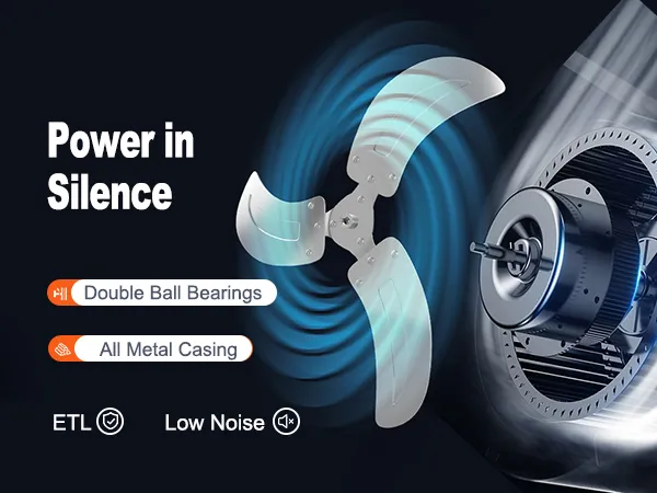 VEVOR wall mount fan featuring double ball bearings, all metal casing, etl certified, and low noise.